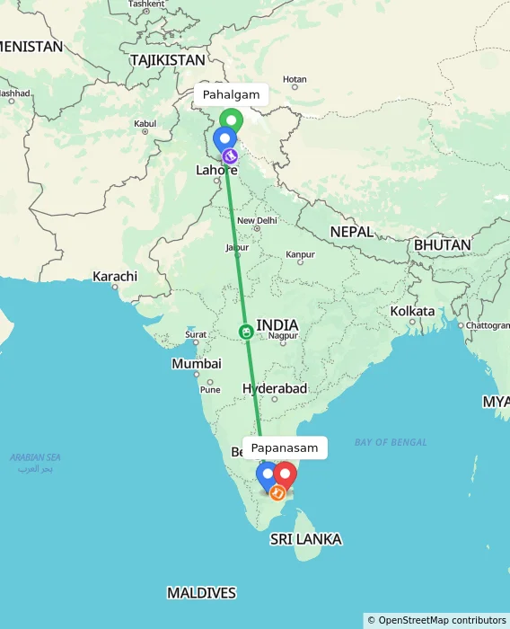 Route map showing distance and travel time from Pahalgam, India to Papanasam, India