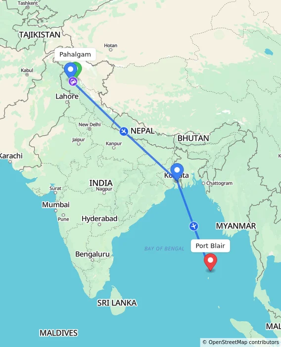 Route map showing distance and travel time from Pahalgam, India to Port Blair, India