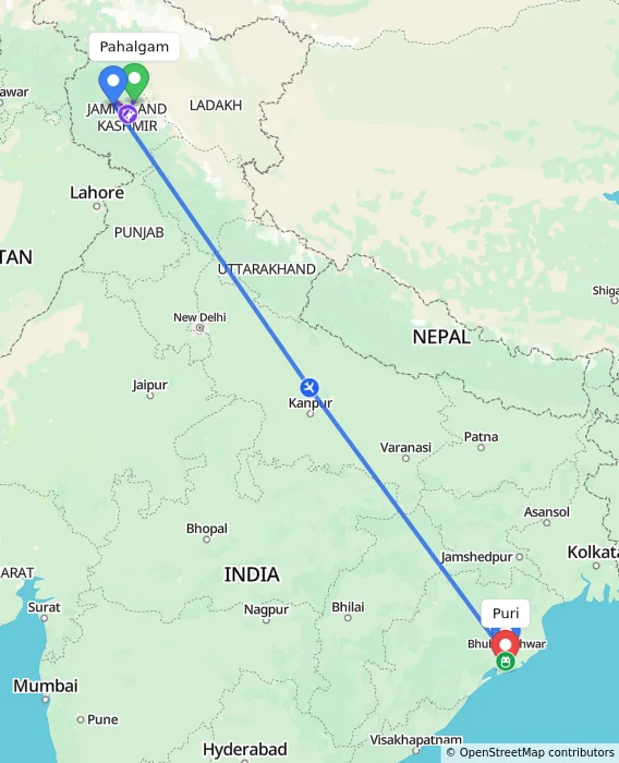 Route map showing distance and travel time from Pahalgam, India to Puri, India