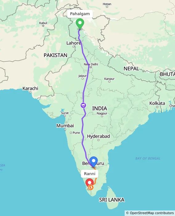 Route map showing distance and travel time from Pahalgam, India to Ranni, India