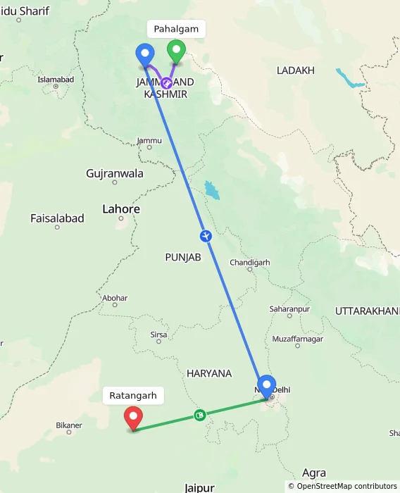 Route map showing distance and travel time from Pahalgam, India to Ratangarh, India