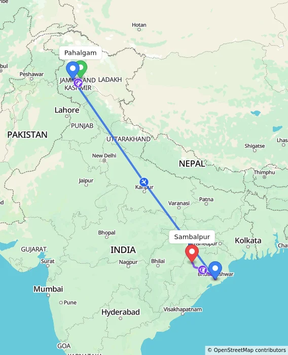 Route map showing distance and travel time from Pahalgam, India to Sambalpur, India