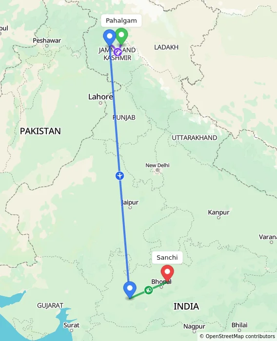 Route map showing distance and travel time from Pahalgam, India to Sanchi, India