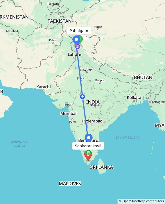 Route map showing distance and travel time from Pahalgam, India to Sankarankovil, India