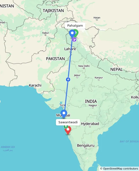 Route map showing distance and travel time from Pahalgam, India to Sawantwadi, India