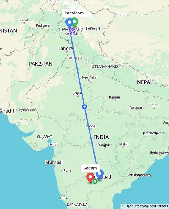 Route map showing distance and travel time from Pahalgam, India to Sedam, India