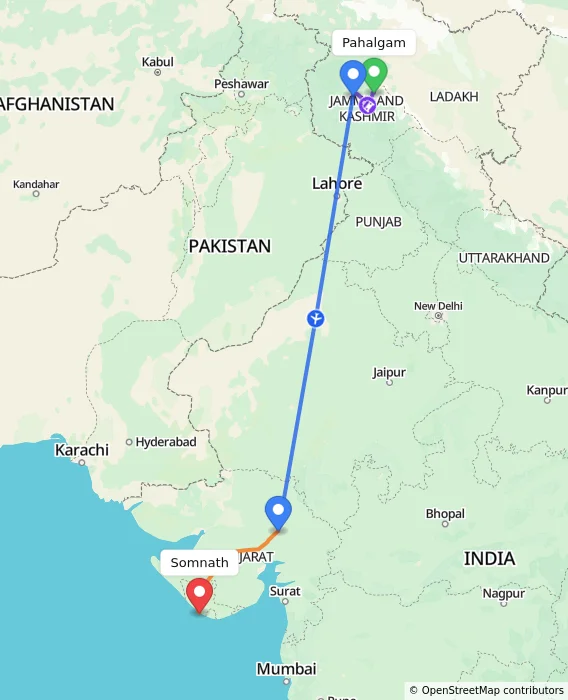 Route map showing distance and travel time from Pahalgam, India to Somnath, India