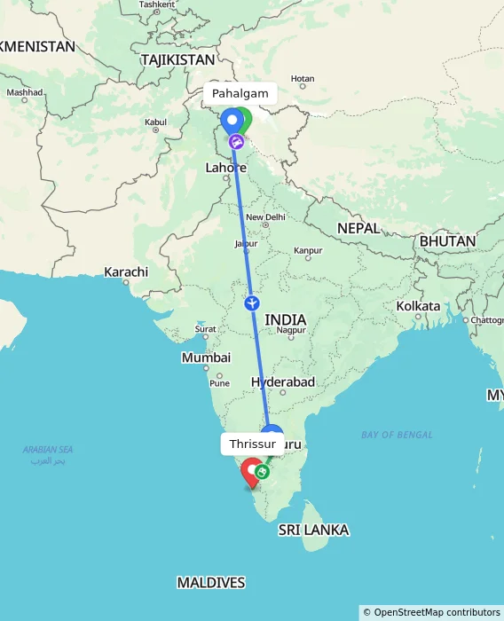 Route map showing distance and travel time from Pahalgam, India to Thrissur, India