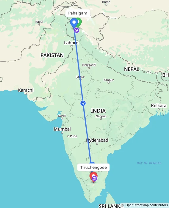 Route map showing distance and travel time from Pahalgam, India to Tiruchengode, India