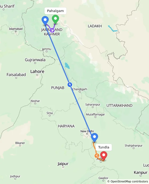 Route map showing distance and travel time from Pahalgam, India to Tundla, India