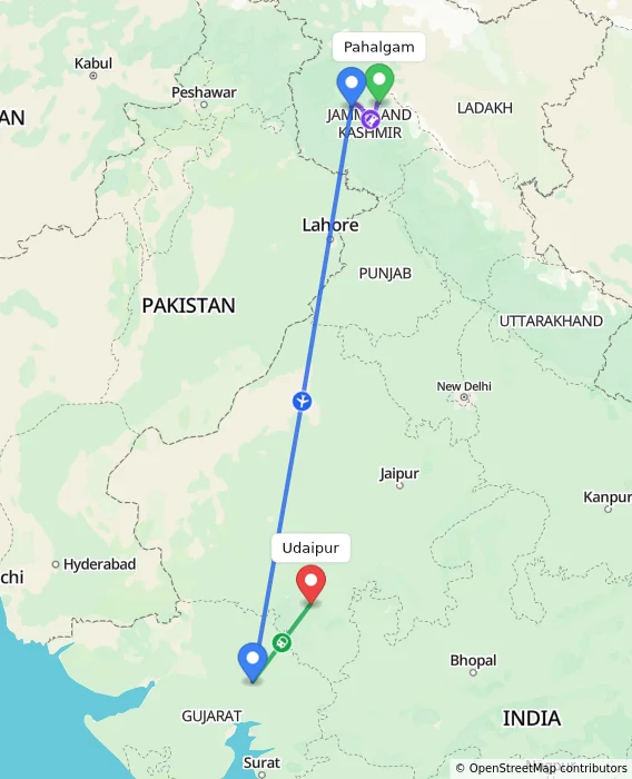Route map showing distance and travel time from Pahalgam, India to Udaipur, India