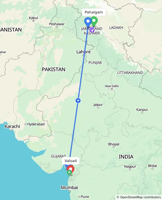 Route map showing distance and travel time from Pahalgam, India to Valsad, India
