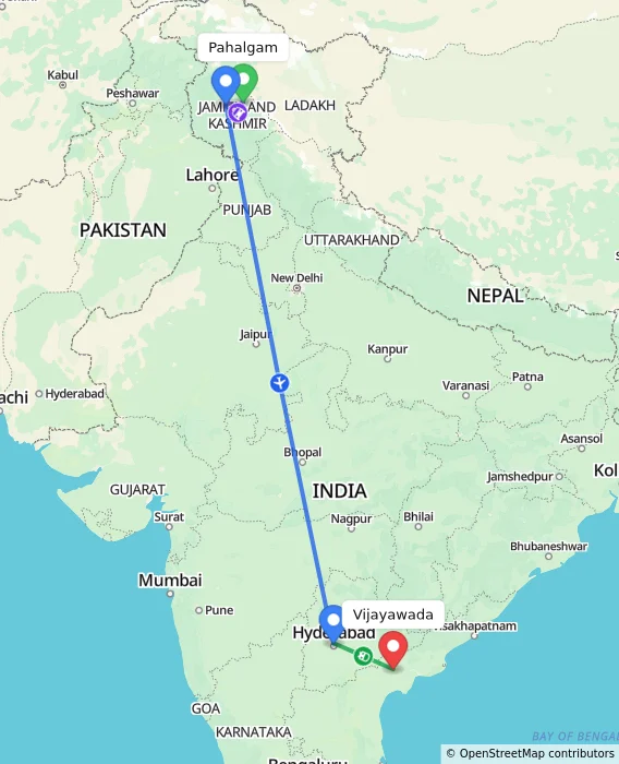 Route map showing distance and travel time from Pahalgam, India to Vijayawada, India