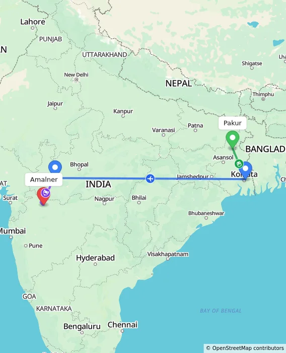Route map showing distance and travel time from Pakur, India to Amalner, India