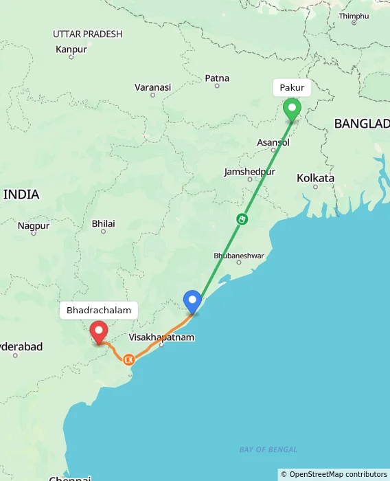 Route map showing distance and travel time from Pakur, India to Bhadrachalam, India