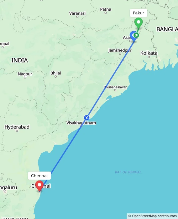 Route map showing distance and travel time from Pakur, India to Chennai, India