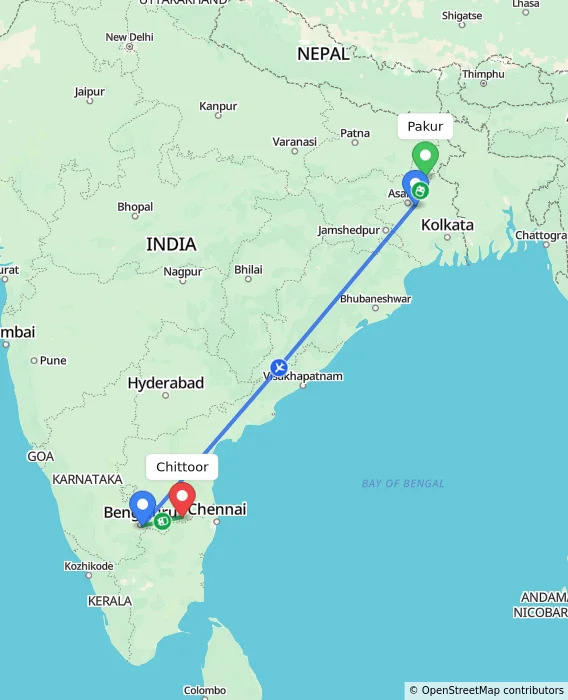 Route map showing distance and travel time from Pakur, India to Chittoor, India