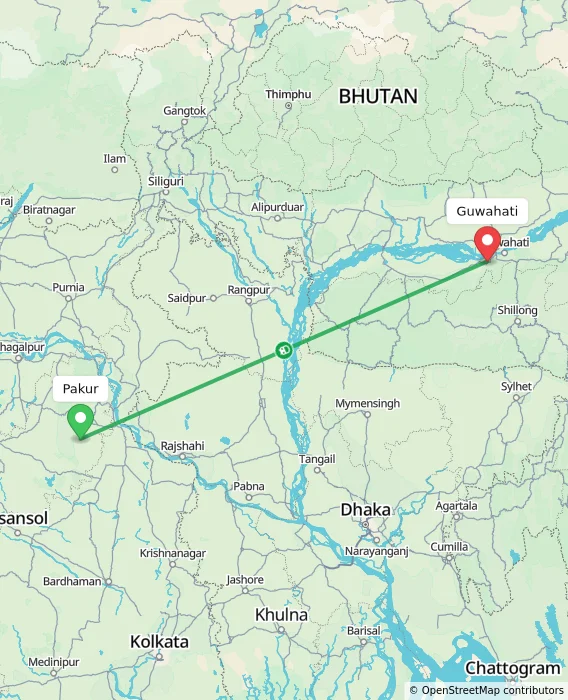 Route map showing distance and travel time from Pakur, India to Guwahati, India