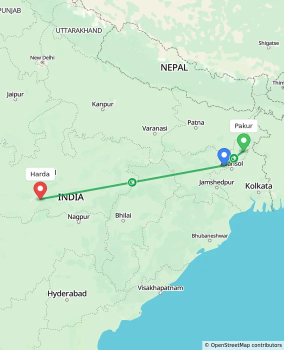 Route map showing distance and travel time from Pakur, India to Harda, India