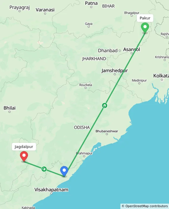 Route map showing distance and travel time from Pakur, India to Jagdalpur, India