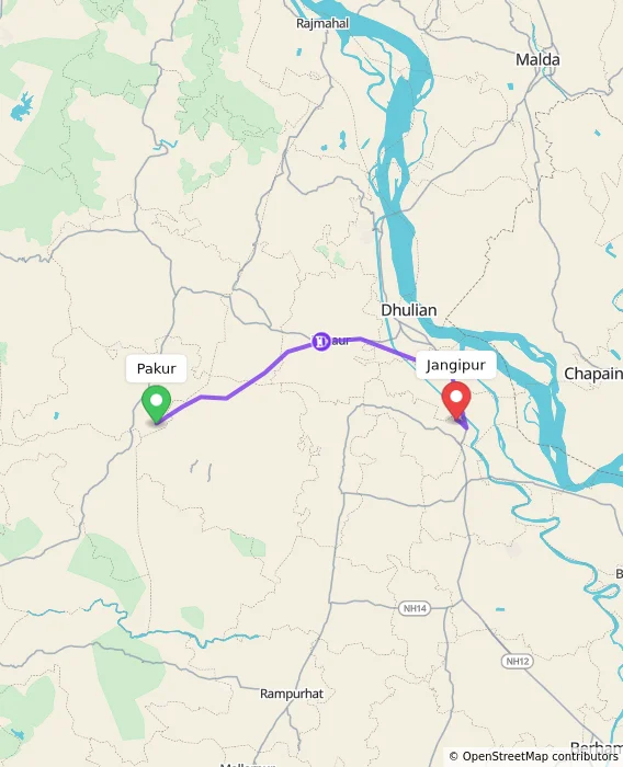 Route map showing distance and travel time from Pakur, India to Jangipur, India