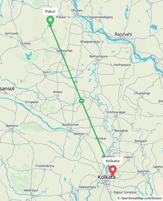 Route map showing distance and travel time from Pakur, India to Kolkata, India