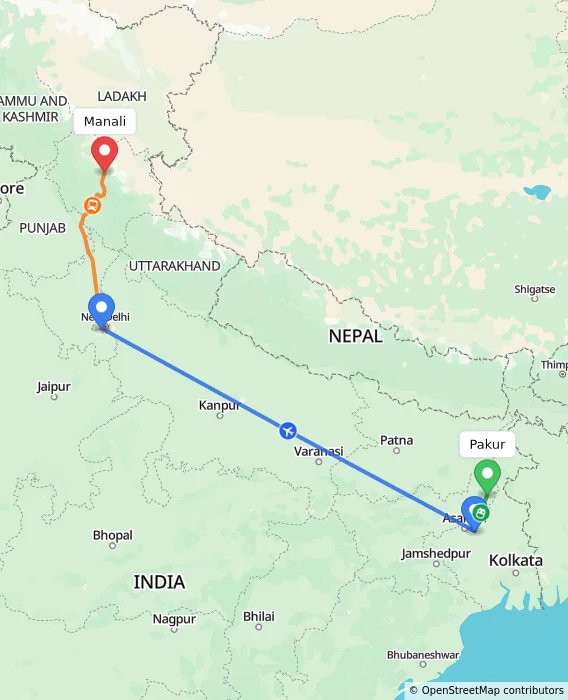 Route map showing distance and travel time from Pakur, India to Manali, India