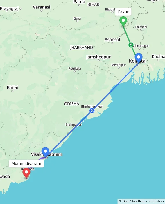 Route map showing distance and travel time from Pakur, India to Mummidivaram, India