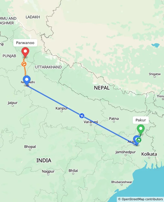 Route map showing distance and travel time from Pakur, India to Parwanoo, India