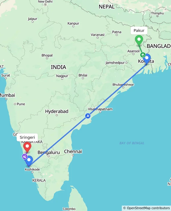 Route map showing distance and travel time from Pakur, India to Sringeri, India