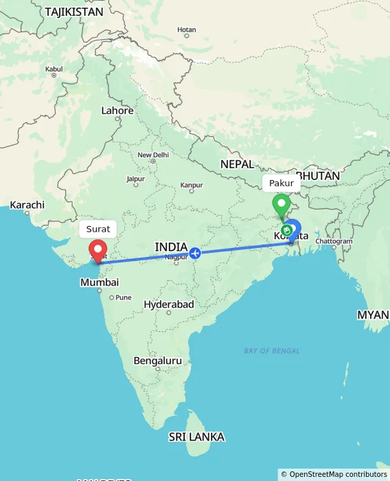 Route map showing distance and travel time from Pakur, India to Surat, India