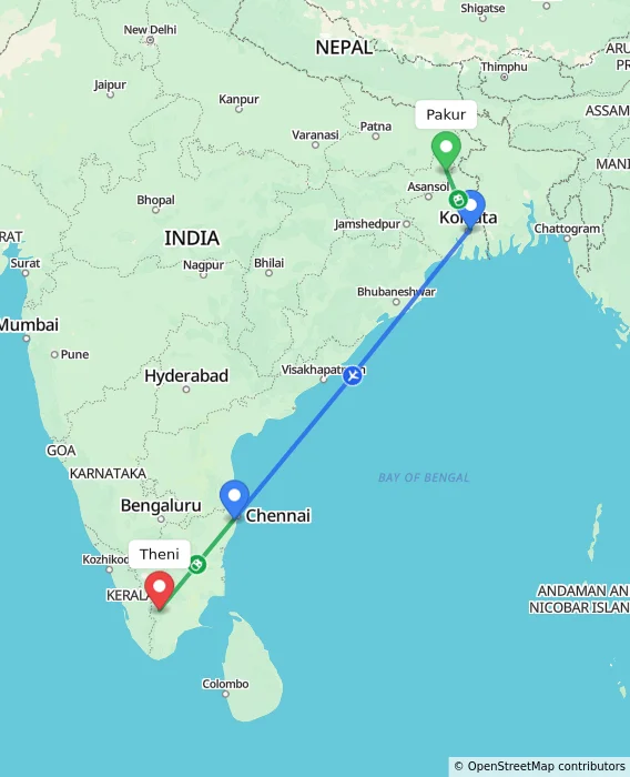 Route map showing distance and travel time from Pakur, India to Theni, India