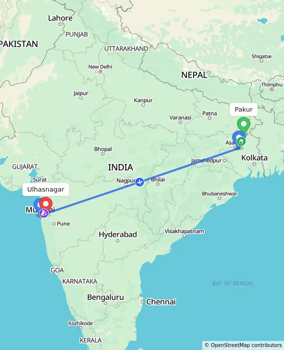 Route map showing distance and travel time from Pakur, India to Ulhasnagar, India