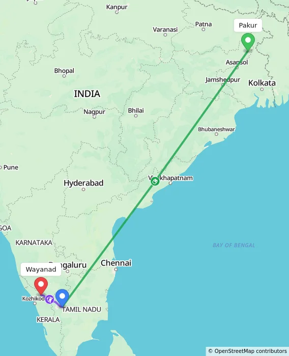 Route map showing distance and travel time from Pakur, India to Wayanad, India
