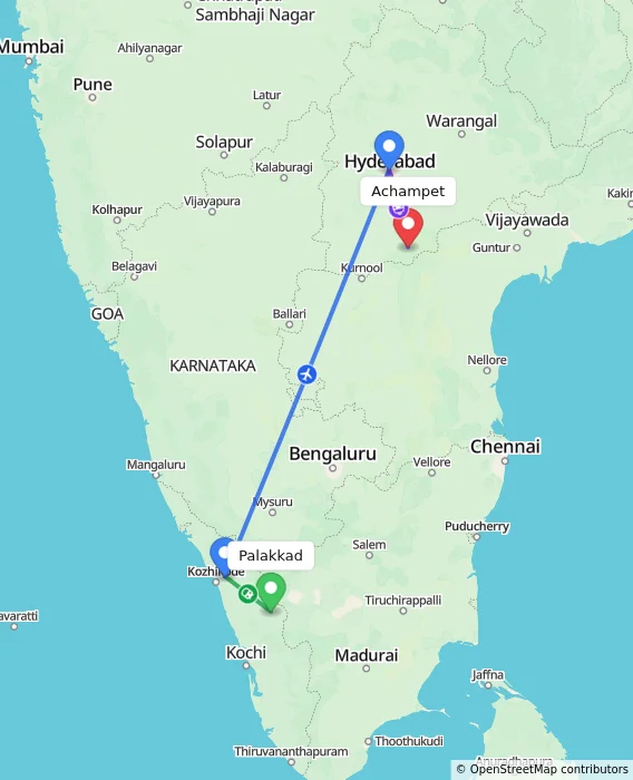 Route map showing distance and travel time from Palakkad, India to Achampet, India