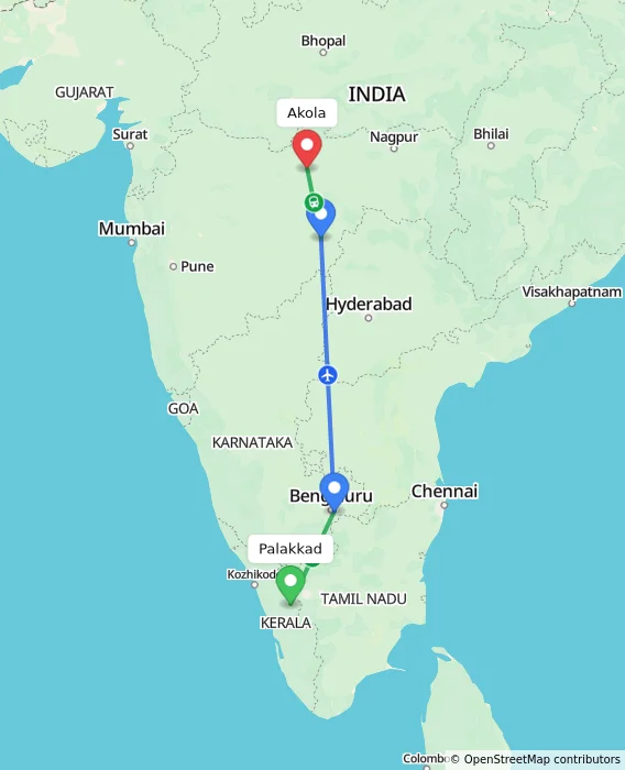 Route map showing distance and travel time from Palakkad, India to Akola, India