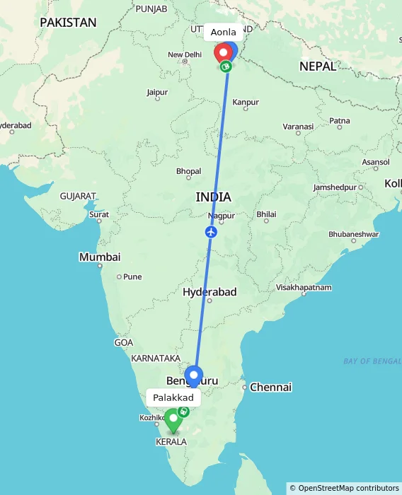 Route map showing distance and travel time from Palakkad, India to Aonla, India