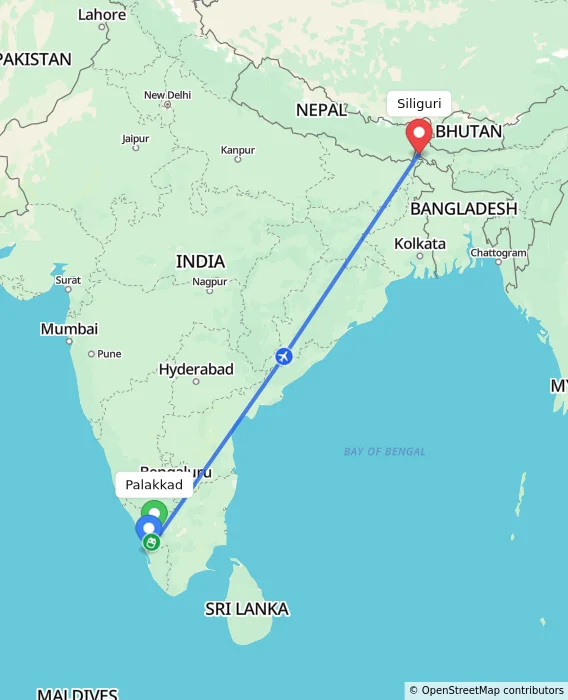 Route map showing distance and travel time from Palakkad, India to Bagdogra, India
