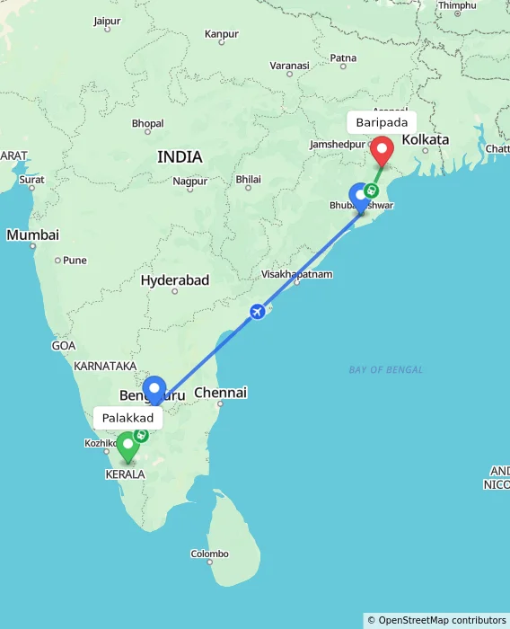 Route map showing distance and travel time from Palakkad, India to Baripada, India