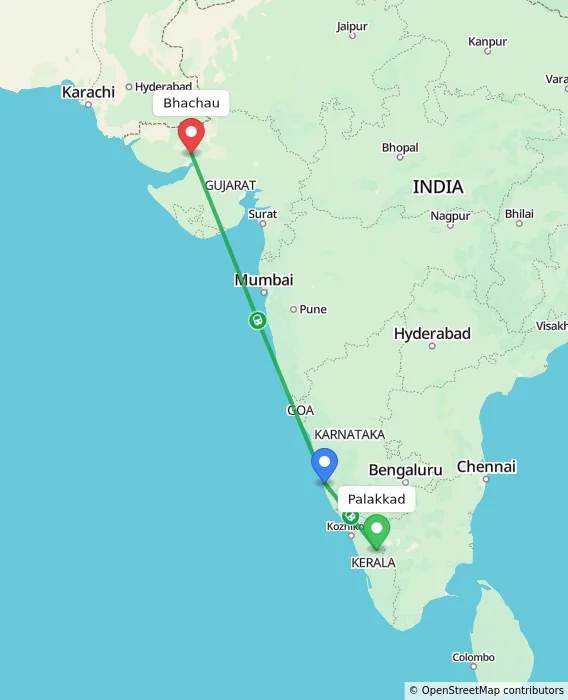 Route map showing distance and travel time from Palakkad, India to Bhachau, India
