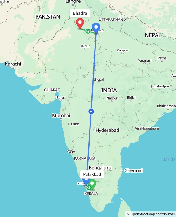 Route map showing distance and travel time from Palakkad, India to Bhadra, India