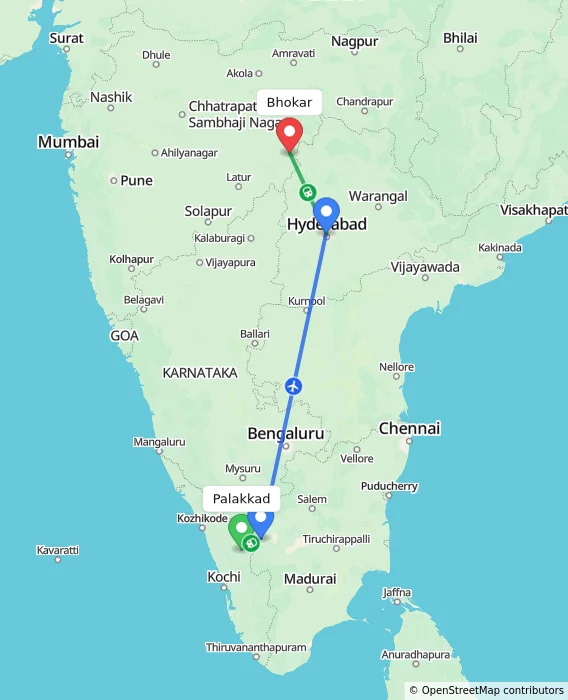 Route map showing distance and travel time from Palakkad, India to Bhokar, India