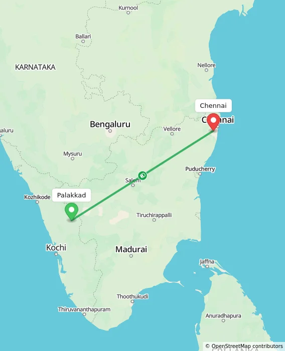Route map showing distance and travel time from Palakkad, India to Chennai, India