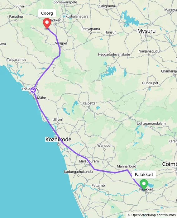 Route map showing distance and travel time from Palakkad, India to Coorg, India