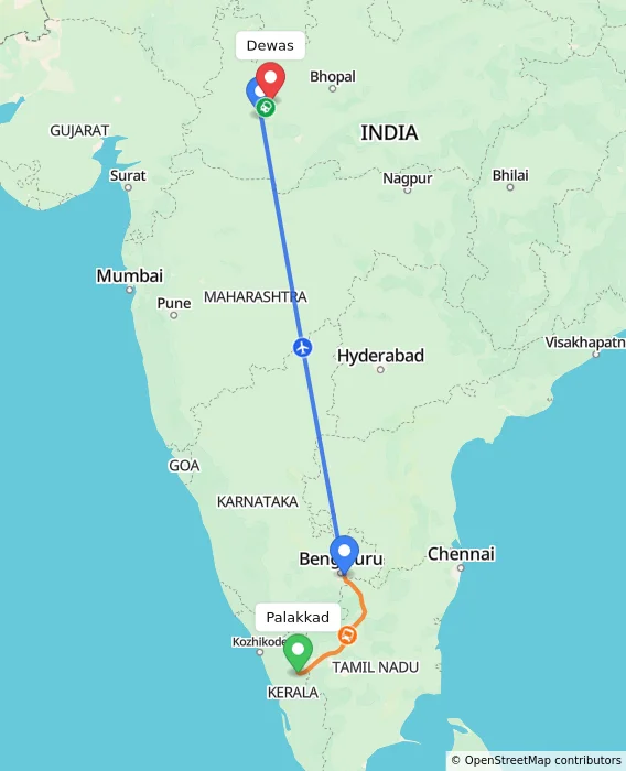 Route map showing distance and travel time from Palakkad, India to Dewas, India