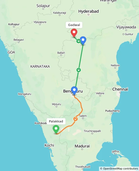 Route map showing distance and travel time from Palakkad, India to Gadwal, India