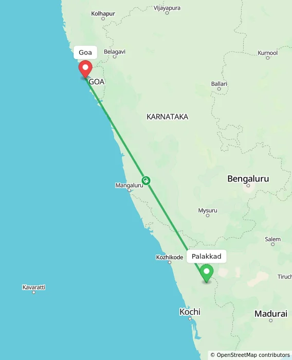 Route map showing distance and travel time from Palakkad, India to Goa, India