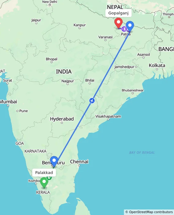 Route map showing distance and travel time from Palakkad, India to Gopalganj, India
