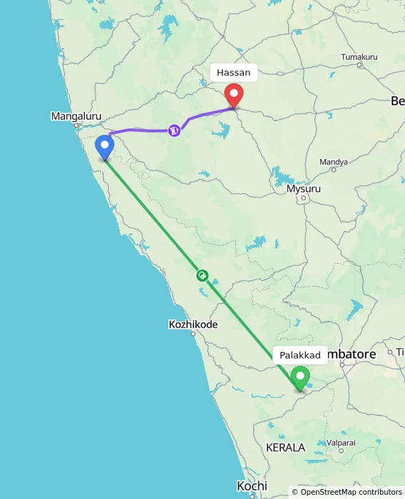 Route map showing distance and travel time from Palakkad, India to Hassan, India