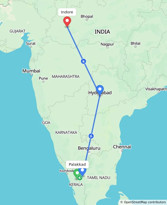 Route map showing distance and travel time from Palakkad, India to Indore, India
